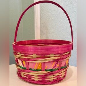 Pink and Tan Woven Basket with Flexible Handle and Decorative Pattern and Ribbon